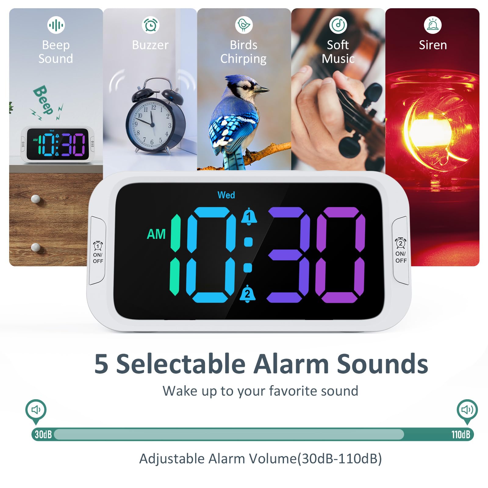 Odokee Digital Dual Alarm Clock for Bedroom, 0-100% Dimmer, Weekday/Weekend Mode, Easy to Set, USB Charger, Adjustable Alarm Volume with 5 Alarm Sounds, Snooze, 12/24Hr, Battery Backup (Wood Grain)