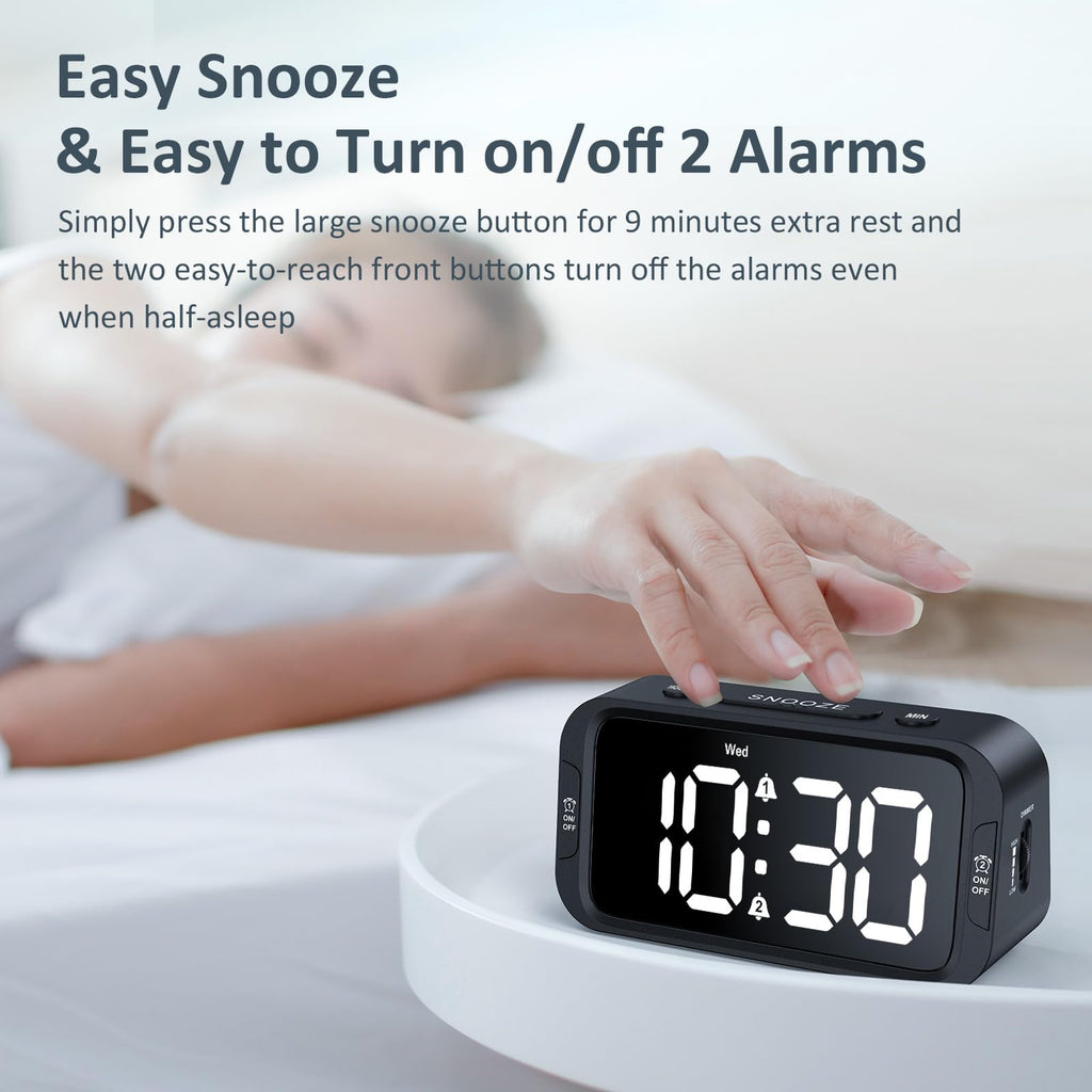 Odokee Digital Dual Alarm Clock for Bedroom, 0-100% Dimmer, Weekday/Weekend Mode, Easy to Set, USB Charger, Adjustable Alarm Volume with 5 Alarm Sounds, Snooze, 12/24Hr, Battery Backup (Wood Grain)