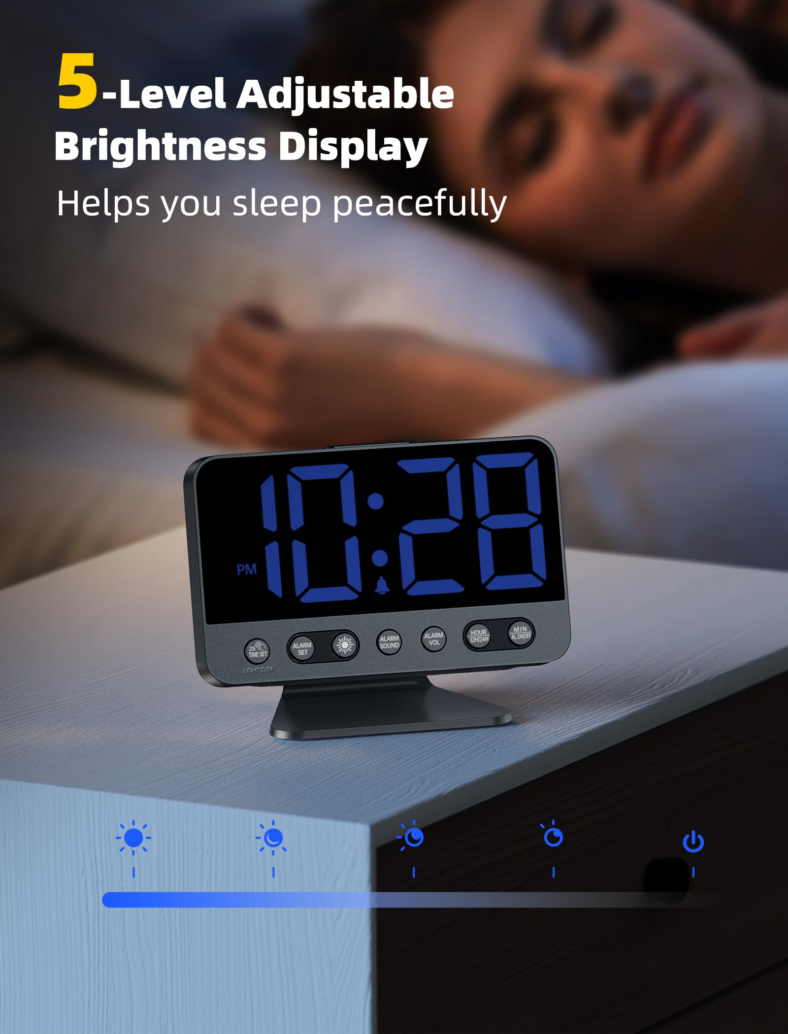 Odokee Digital Alarm Clocks for Bedrooms: Large Bold Number 5 Brightness Dimmer - Easy to Read Across The Room - 5 Alarm Sound 8 Night Light - Red