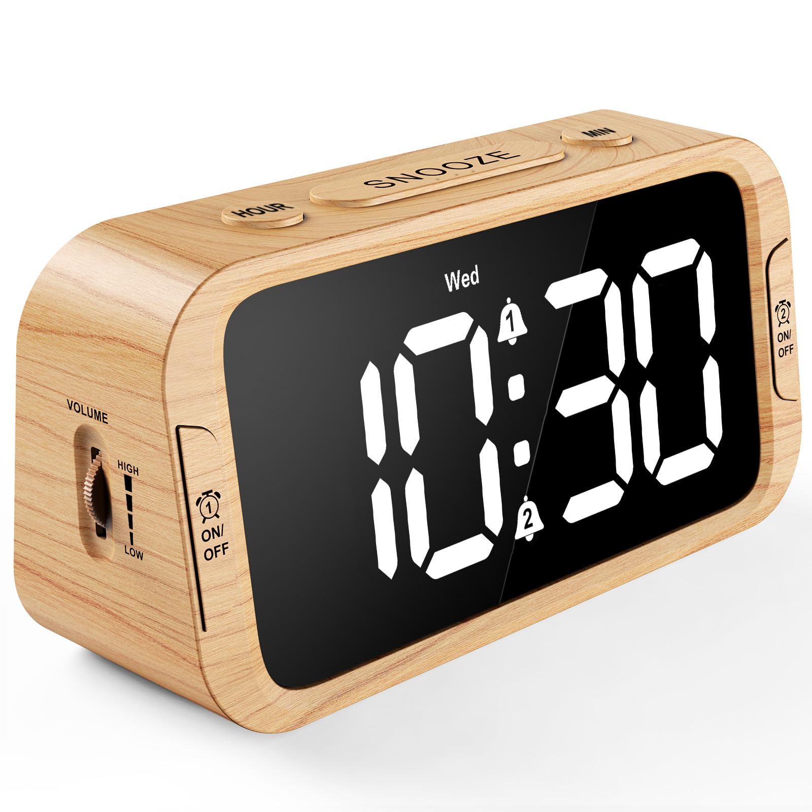 Odokee Digital Dual Alarm Clock for Bedroom, 0-100% Dimmer, Weekday/Weekend Mode, Easy to Set, USB Charger, Adjustable Alarm Volume with 5 Alarm Sounds, Snooze, 12/24Hr, Battery Backup (Wood Grain)