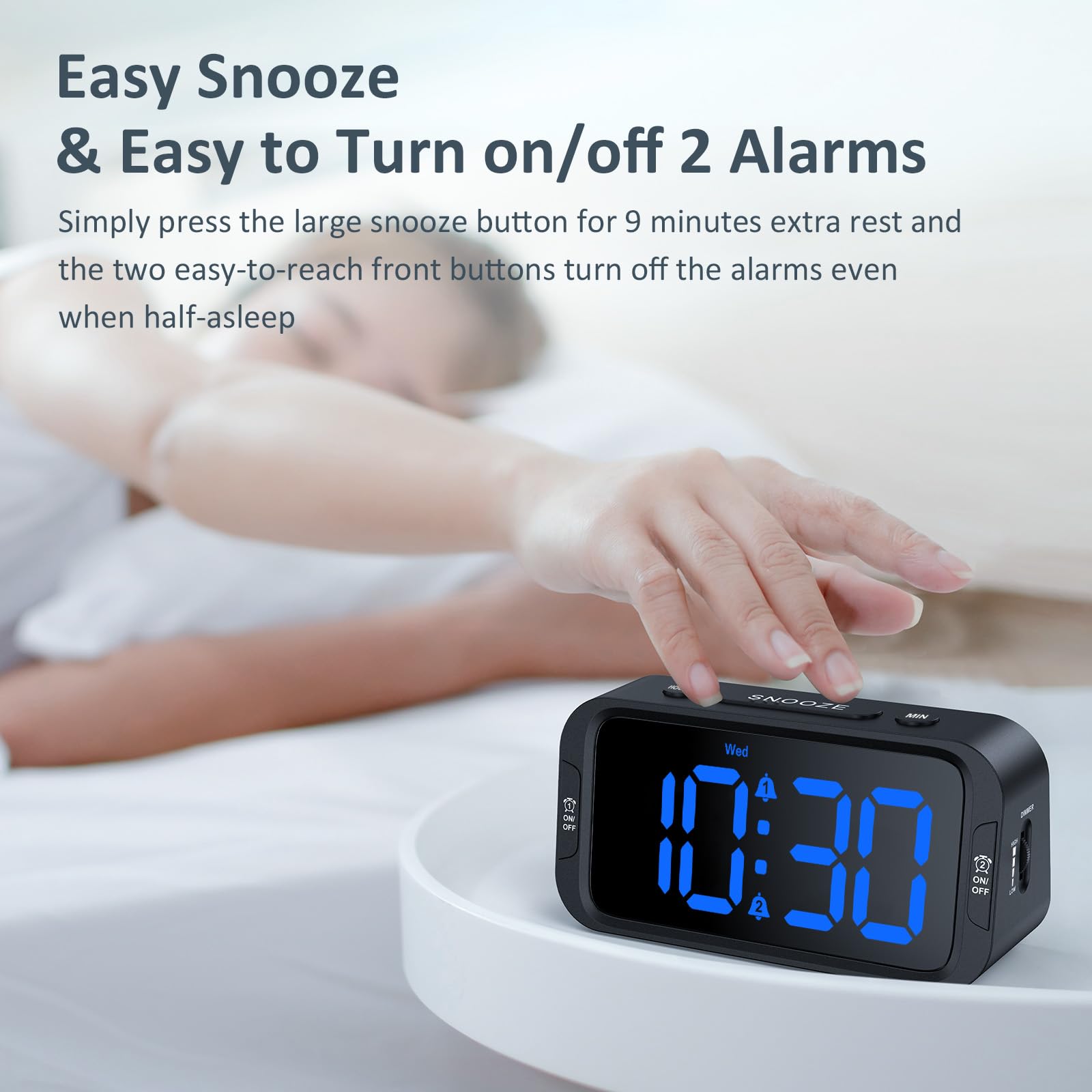 Odokee Digital Dual Alarm Clock for Bedroom, 0-100% Dimmer, Weekday/Weekend Mode, Easy to Set, USB Charger, Adjustable Alarm Volume with 5 Alarm Sounds, Snooze, 12/24Hr, Battery Backup (Wood Grain)