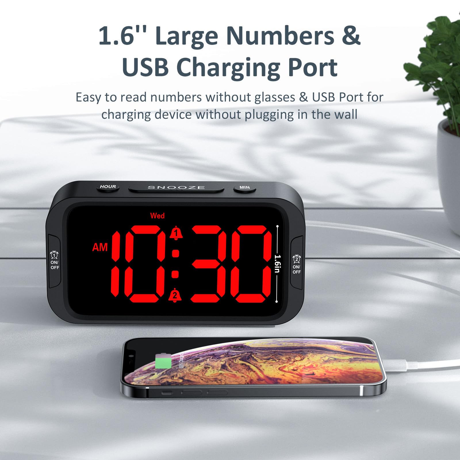 Odokee Digital Dual Alarm Clock for Bedroom, 0-100% Dimmer, Weekday/Weekend Mode, Easy to Set, USB Charger, Adjustable Alarm Volume with 5 Alarm Sounds, Snooze, 12/24Hr, Battery Backup (Wood Grain)