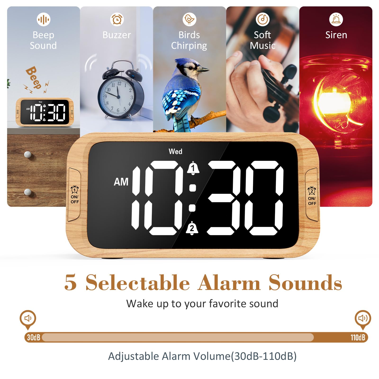 Odokee Digital Dual Alarm Clock for Bedroom, 0-100% Dimmer, Weekday/Weekend Mode, Easy to Set, USB Charger, Adjustable Alarm Volume with 5 Alarm Sounds, Snooze, 12/24Hr, Battery Backup (Wood Grain)