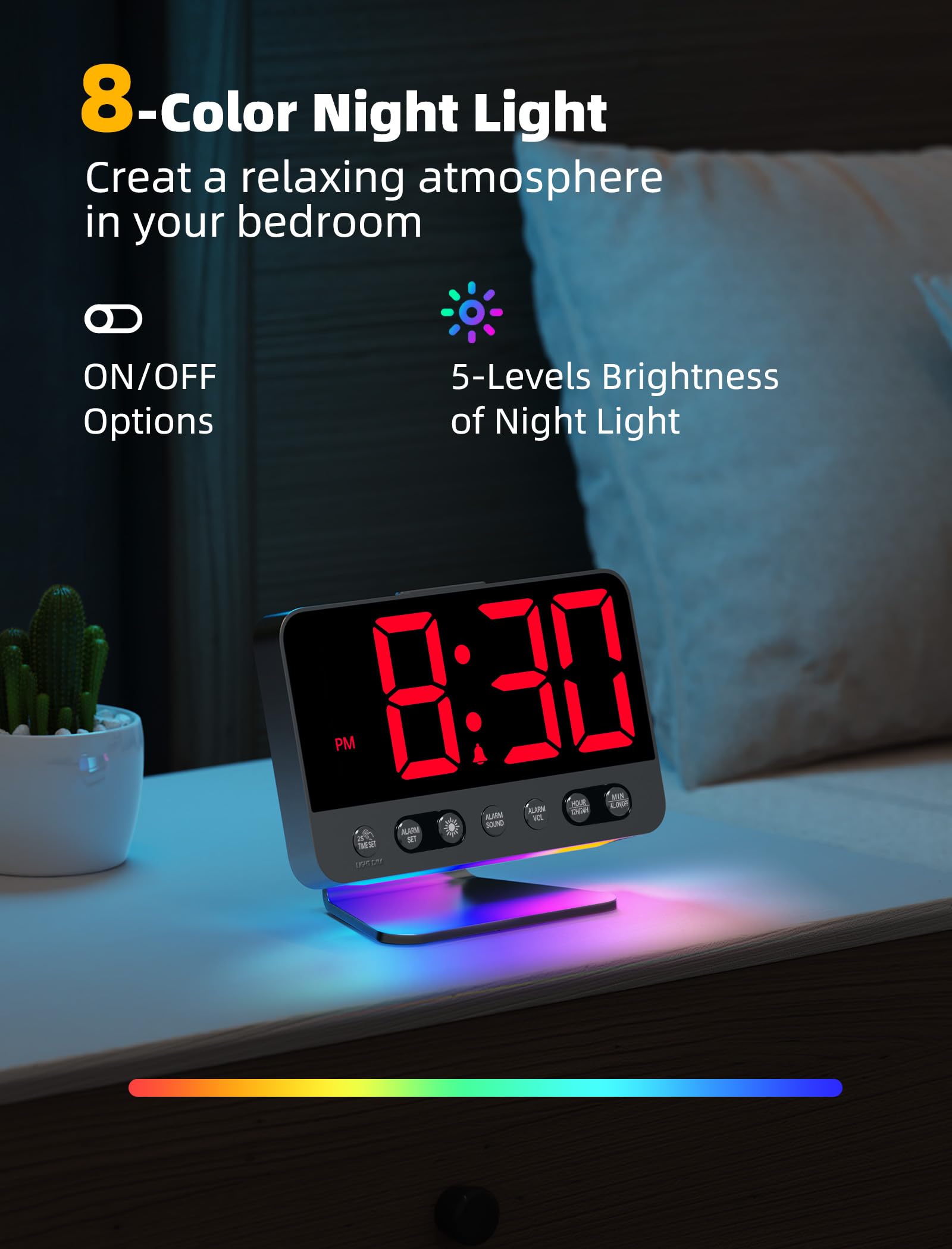 Odokee Digital Alarm Clocks for Bedrooms: Large Bold Number 5 Brightness Dimmer - Easy to Read Across The Room - 5 Alarm Sound 8 Night Light - Red