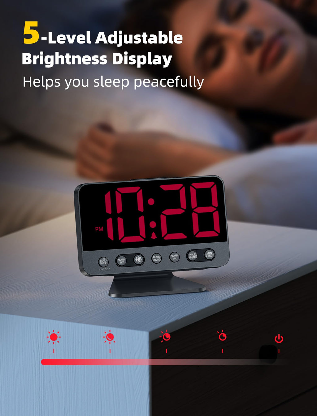 Odokee Digital Alarm Clocks for Bedrooms: Large Bold Number 5 Brightness Dimmer - Easy to Read Across The Room - 5 Alarm Sound 8 Night Light - Red