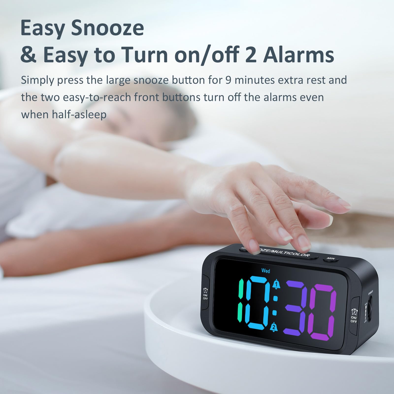 Odokee Digital Dual Alarm Clock for Bedroom, 0-100% Dimmer, Weekday/Weekend Mode, Easy to Set, USB Charger, Adjustable Alarm Volume with 5 Alarm Sounds, Snooze, 12/24Hr, Battery Backup (Wood Grain)
