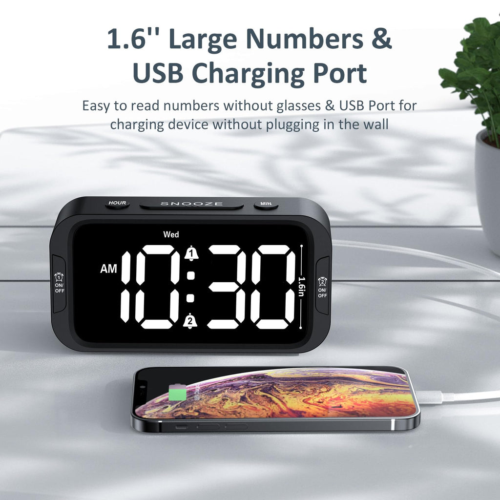 Odokee Digital Dual Alarm Clock for Bedroom, 0-100% Dimmer, Weekday/Weekend Mode, Easy to Set, USB Charger, Adjustable Alarm Volume with 5 Alarm Sounds, Snooze, 12/24Hr, Battery Backup (Wood Grain)