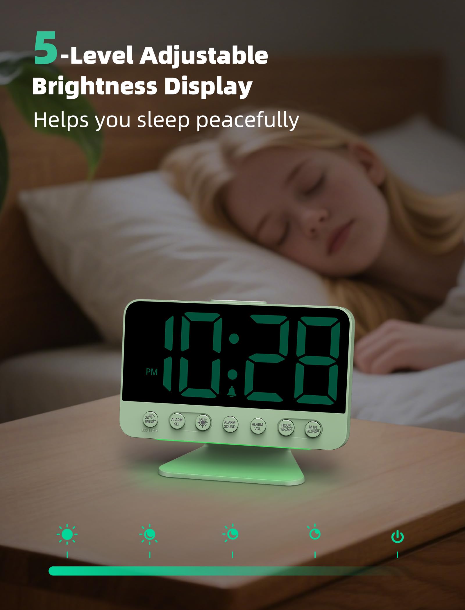 Odokee Digital Alarm Clocks for Bedrooms: Large Bold Number 5 Brightness Dimmer - Easy to Read Across The Room - 5 Alarm Sound 8 Night Light - Red