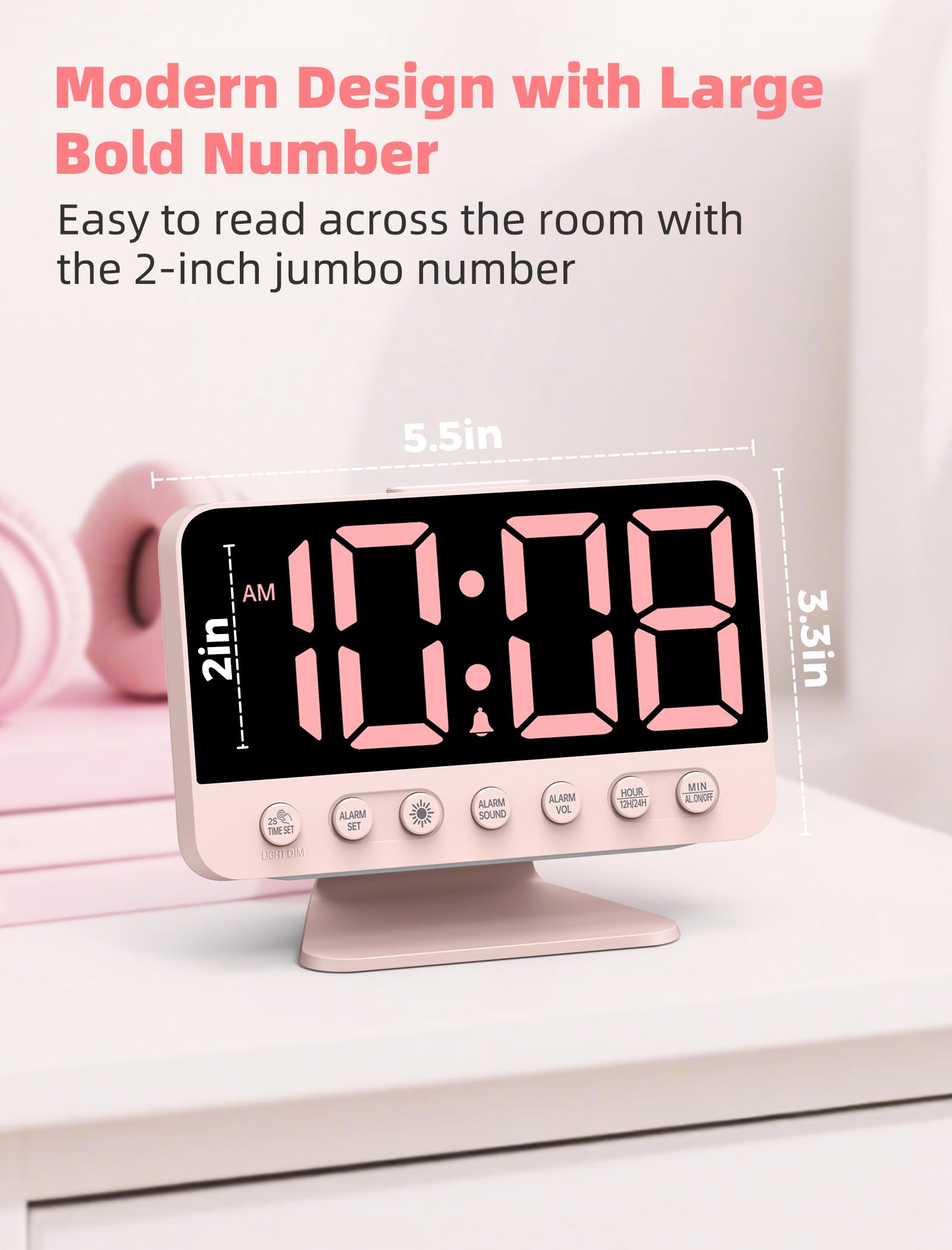 Odokee Digital Alarm Clocks for Bedrooms: Large Bold Number 5 Brightness Dimmer - Easy to Read Across The Room - 5 Alarm Sound 8 Night Light - Red