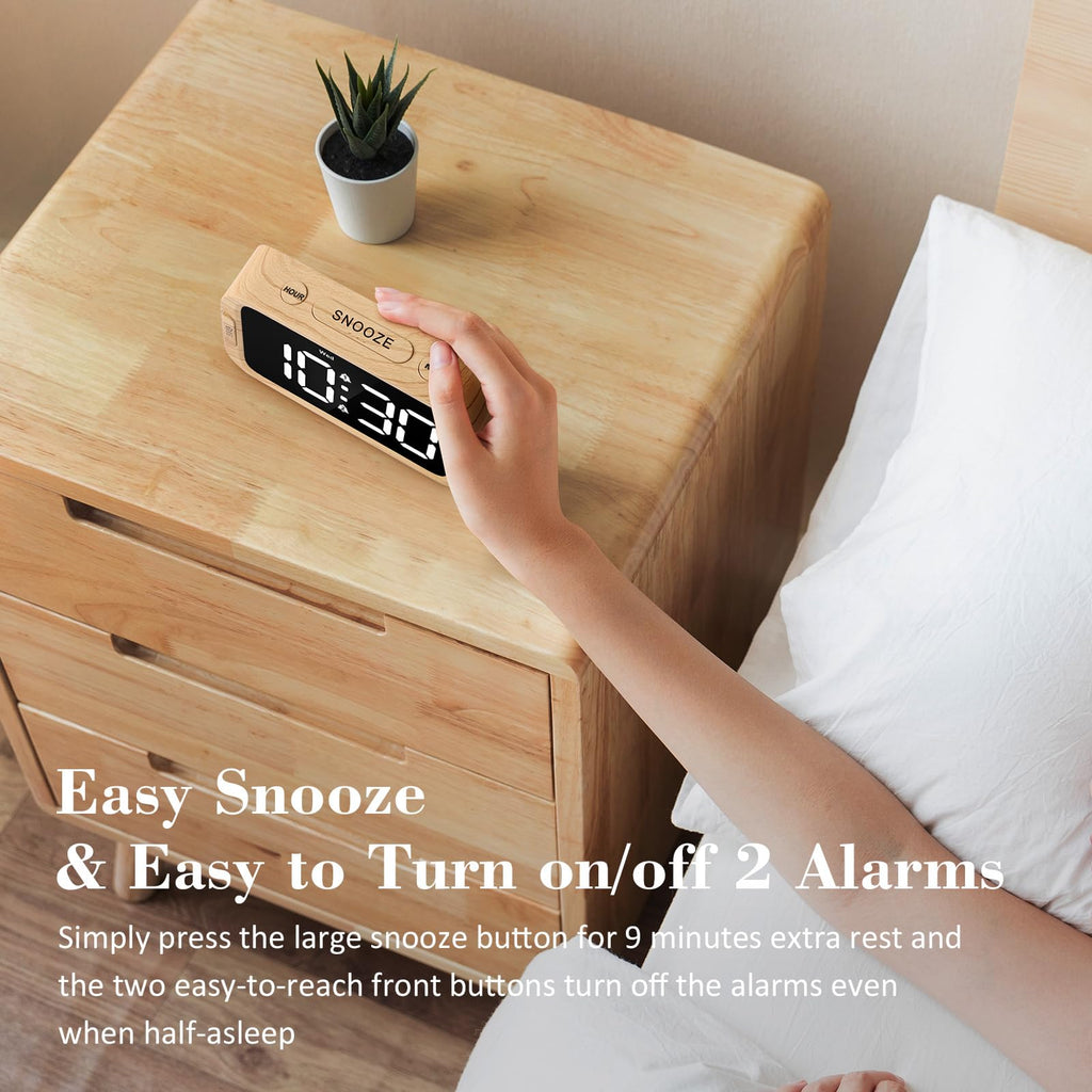Odokee Digital Dual Alarm Clock for Bedroom, 0-100% Dimmer, Weekday/Weekend Mode, Easy to Set, USB Charger, Adjustable Alarm Volume with 5 Alarm Sounds, Snooze, 12/24Hr, Battery Backup (Wood Grain)