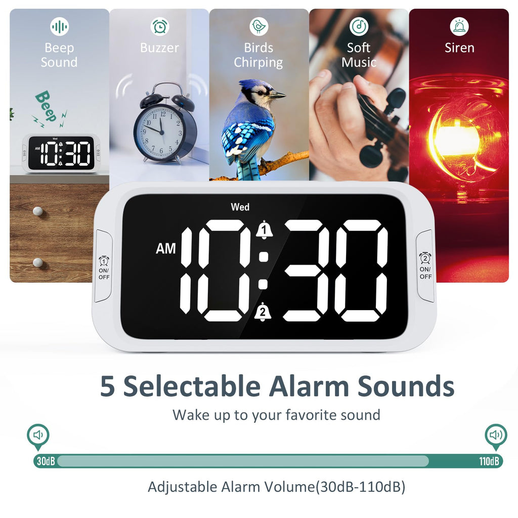 Odokee Digital Dual Alarm Clock for Bedroom, 0-100% Dimmer, Weekday/Weekend Mode, Easy to Set, USB Charger, Adjustable Alarm Volume with 5 Alarm Sounds, Snooze, 12/24Hr, Battery Backup (Wood Grain)