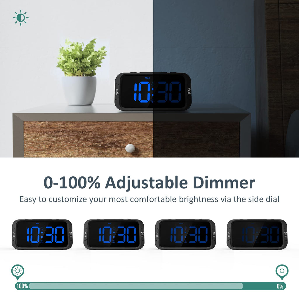 Odokee Digital Dual Alarm Clock for Bedroom, 0-100% Dimmer, Weekday/Weekend Mode, Easy to Set, USB Charger, Adjustable Alarm Volume with 5 Alarm Sounds, Snooze, 12/24Hr, Battery Backup (Wood Grain)
