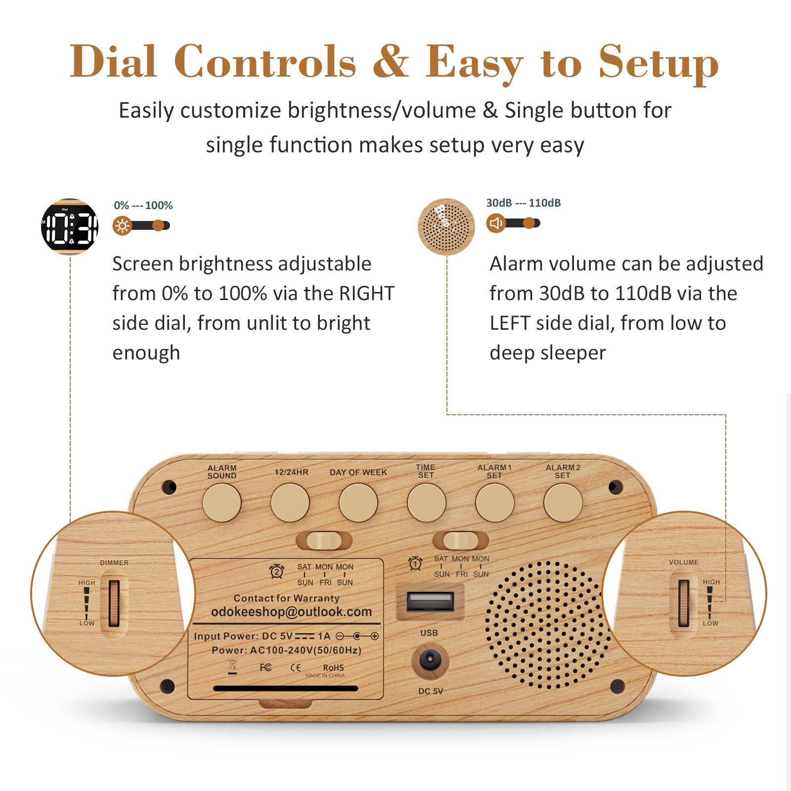 Odokee Digital Dual Alarm Clock for Bedroom, 0-100% Dimmer, Weekday/Weekend Mode, Easy to Set, USB Charger, Adjustable Alarm Volume with 5 Alarm Sounds, Snooze, 12/24Hr, Battery Backup (Wood Grain)