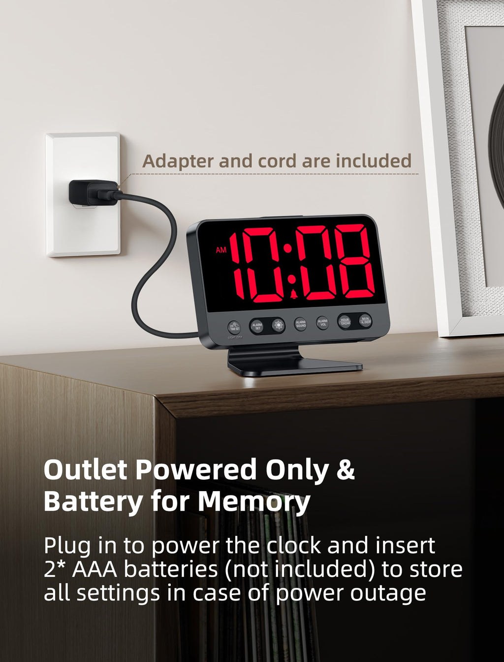 Odokee Digital Alarm Clocks for Bedrooms: Large Bold Number 5 Brightness Dimmer - Easy to Read Across The Room - 5 Alarm Sound 8 Night Light - Red