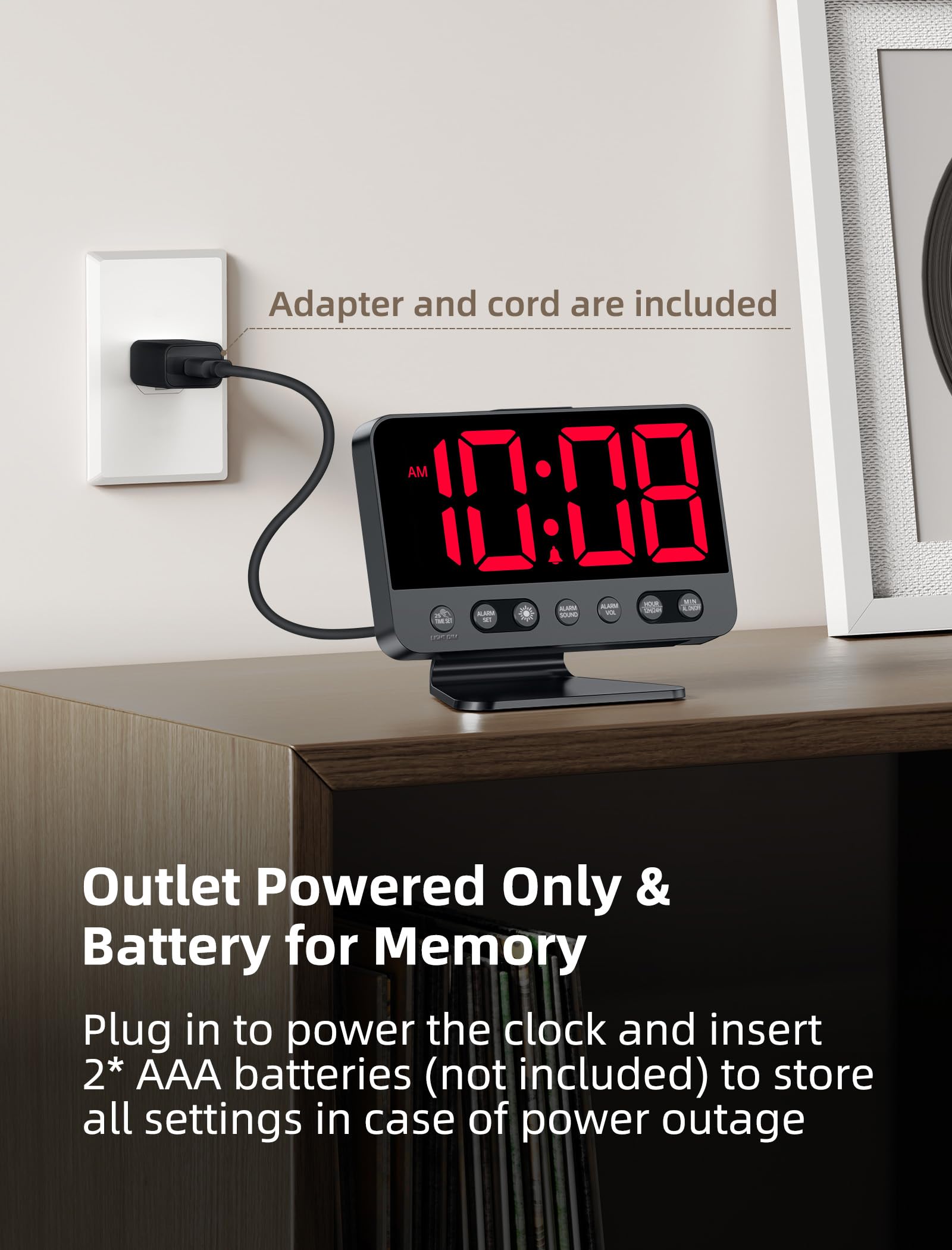 Odokee Digital Alarm Clocks for Bedrooms: Large Bold Number 5 Brightness Dimmer - Easy to Read Across The Room - 5 Alarm Sound 8 Night Light - Red