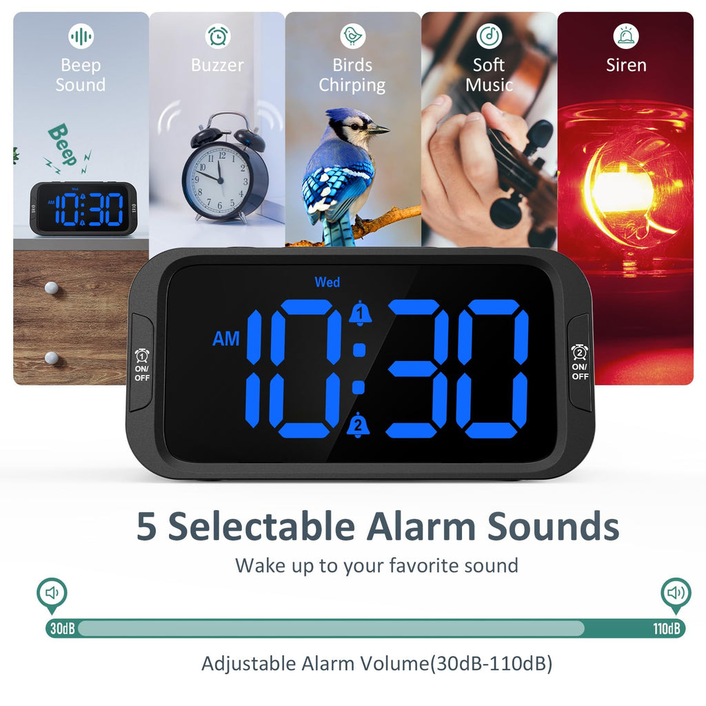 Odokee Digital Dual Alarm Clock for Bedroom, 0-100% Dimmer, Weekday/Weekend Mode, Easy to Set, USB Charger, Adjustable Alarm Volume with 5 Alarm Sounds, Snooze, 12/24Hr, Battery Backup (Wood Grain)