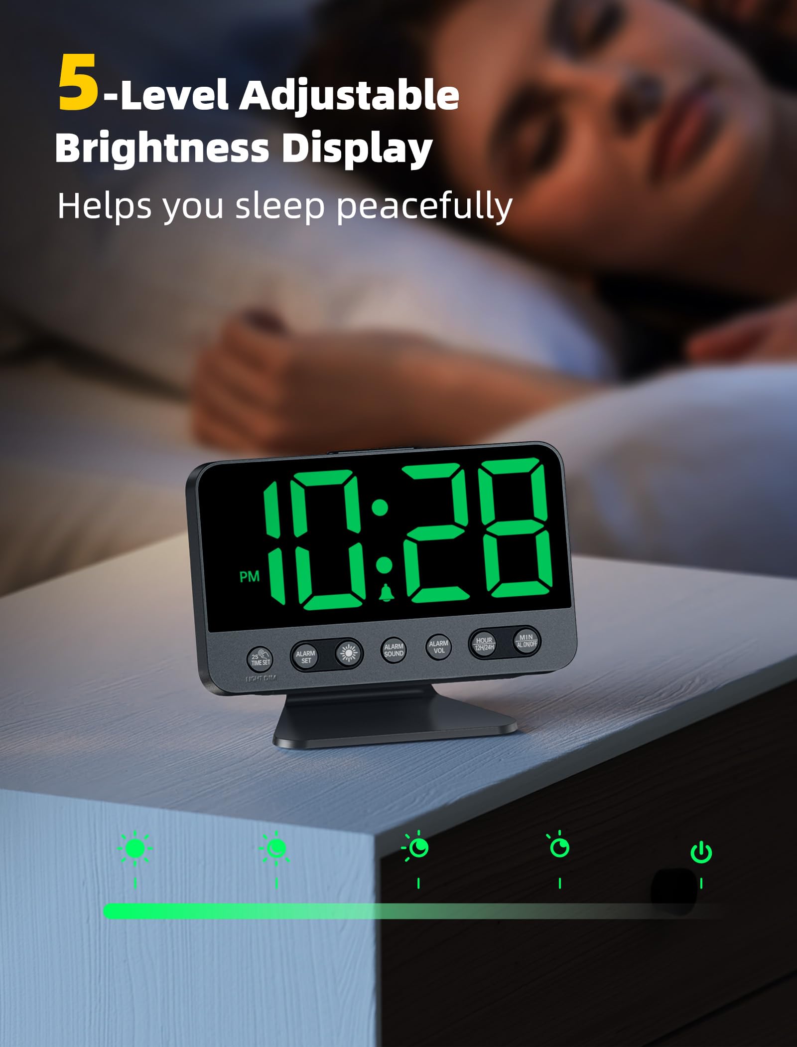 Odokee Digital Alarm Clocks for Bedrooms: Large Bold Number 5 Brightness Dimmer - Easy to Read Across The Room - 5 Alarm Sound 8 Night Light - Red