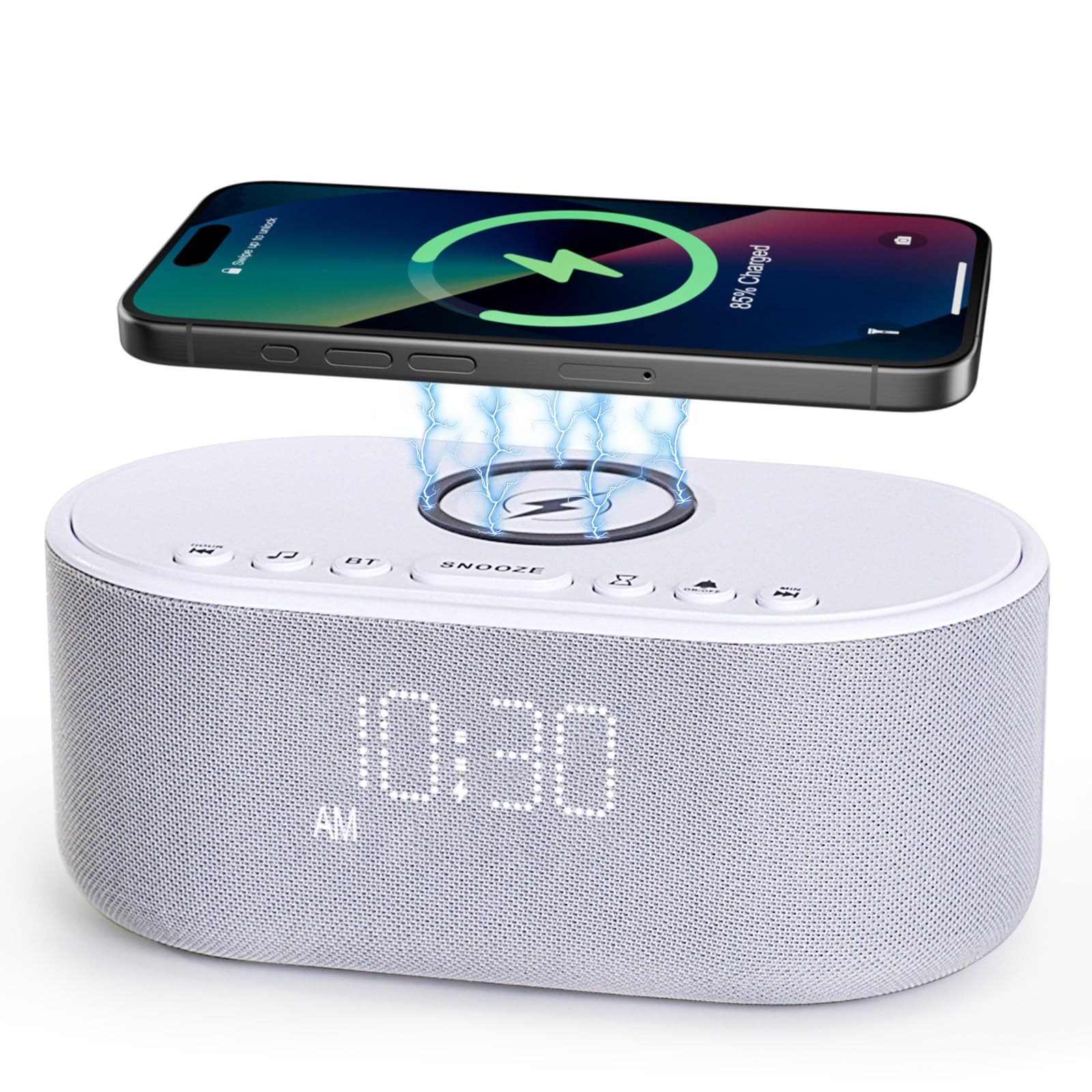 Sound Machine Alarm Clock Wireless Charger: Bluetooth 10W Stereo Sound Speaker Bedroom - White Noise Machine for Sleeping with 21 Soothing Sounds