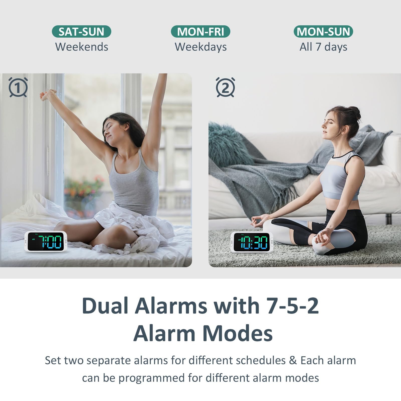 Odokee Digital Dual Alarm Clock for Bedroom, 0-100% Dimmer, Weekday/Weekend Mode, Easy to Set, USB Charger, Adjustable Alarm Volume with 5 Alarm Sounds, Snooze, 12/24Hr, Battery Backup (Wood Grain)