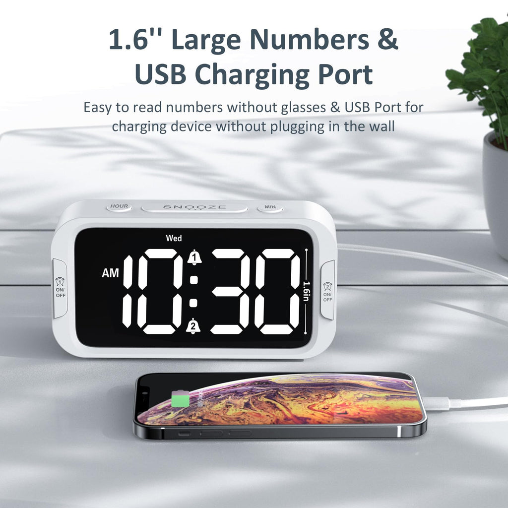 Odokee Digital Dual Alarm Clock for Bedroom, 0-100% Dimmer, Weekday/Weekend Mode, Easy to Set, USB Charger, Adjustable Alarm Volume with 5 Alarm Sounds, Snooze, 12/24Hr, Battery Backup (Wood Grain)