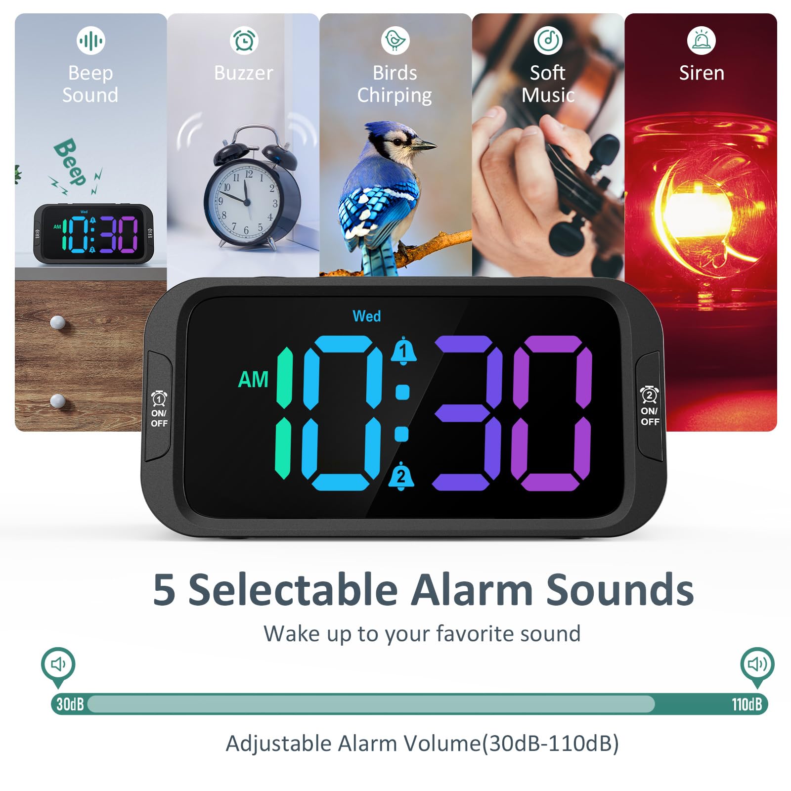 Odokee Digital Dual Alarm Clock for Bedroom, 0-100% Dimmer, Weekday/Weekend Mode, Easy to Set, USB Charger, Adjustable Alarm Volume with 5 Alarm Sounds, Snooze, 12/24Hr, Battery Backup (Wood Grain)