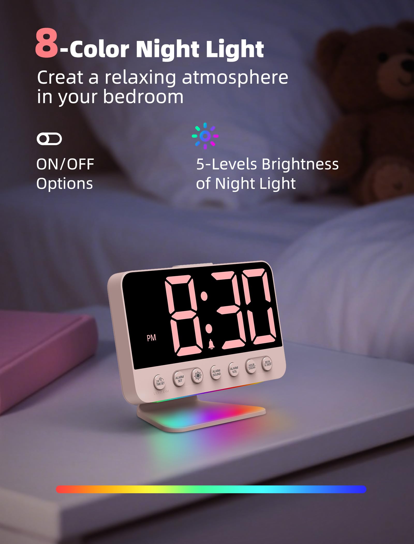 Odokee Digital Alarm Clocks for Bedrooms: Large Bold Number 5 Brightness Dimmer - Easy to Read Across The Room - 5 Alarm Sound 8 Night Light - Red