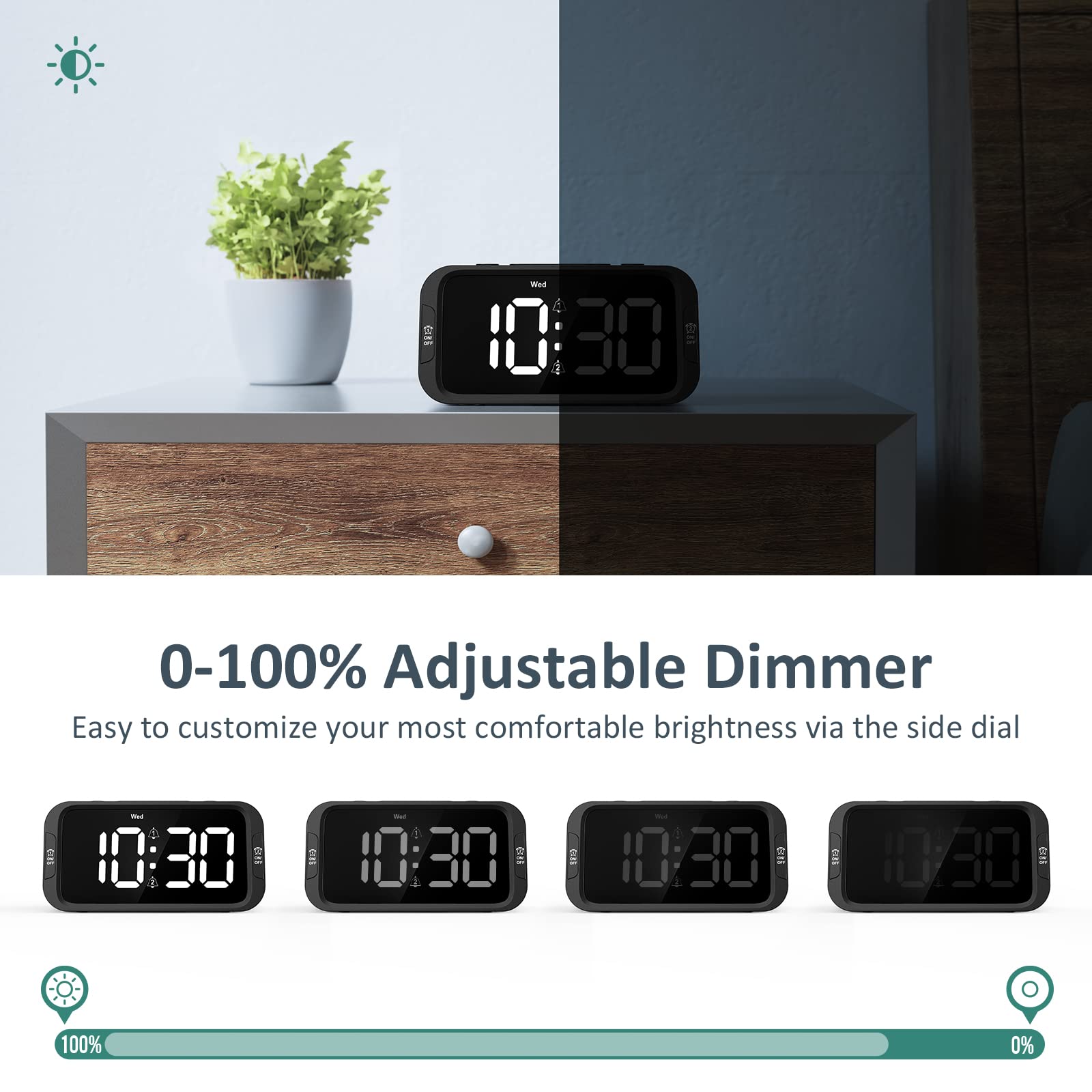 Odokee Digital Dual Alarm Clock for Bedroom, 0-100% Dimmer, Weekday/Weekend Mode, Easy to Set, USB Charger, Adjustable Alarm Volume with 5 Alarm Sounds, Snooze, 12/24Hr, Battery Backup (Wood Grain)