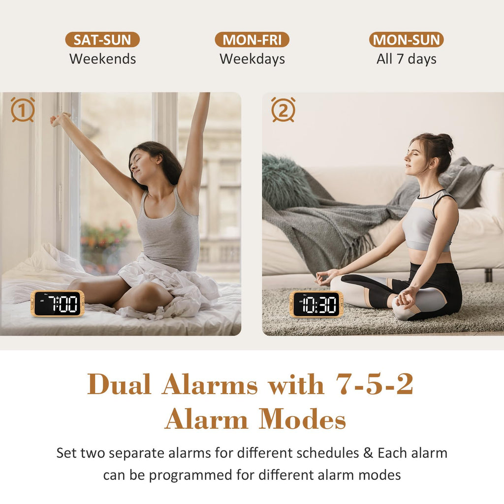 Odokee Digital Dual Alarm Clock for Bedroom, 0-100% Dimmer, Weekday/Weekend Mode, Easy to Set, USB Charger, Adjustable Alarm Volume with 5 Alarm Sounds, Snooze, 12/24Hr, Battery Backup (Wood Grain)