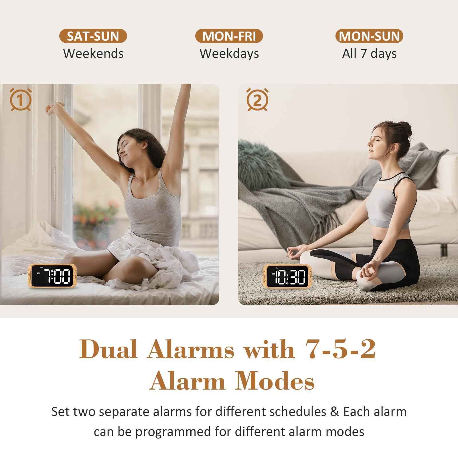 Odokee Digital Dual Alarm Clock for Bedroom, 0-100% Dimmer, Weekday/Weekend Mode, Easy to Set, USB Charger, Adjustable Alarm Volume with 5 Alarm Sounds, Snooze, 12/24Hr, Battery Backup (Wood Grain)