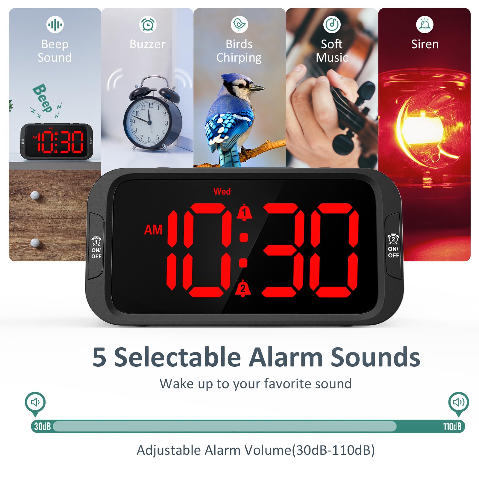 Odokee Digital Dual Alarm Clock for Bedroom, 0-100% Dimmer, Weekday/Weekend Mode, Easy to Set, USB Charger, Adjustable Alarm Volume with 5 Alarm Sounds, Snooze, 12/24Hr, Battery Backup (Wood Grain)