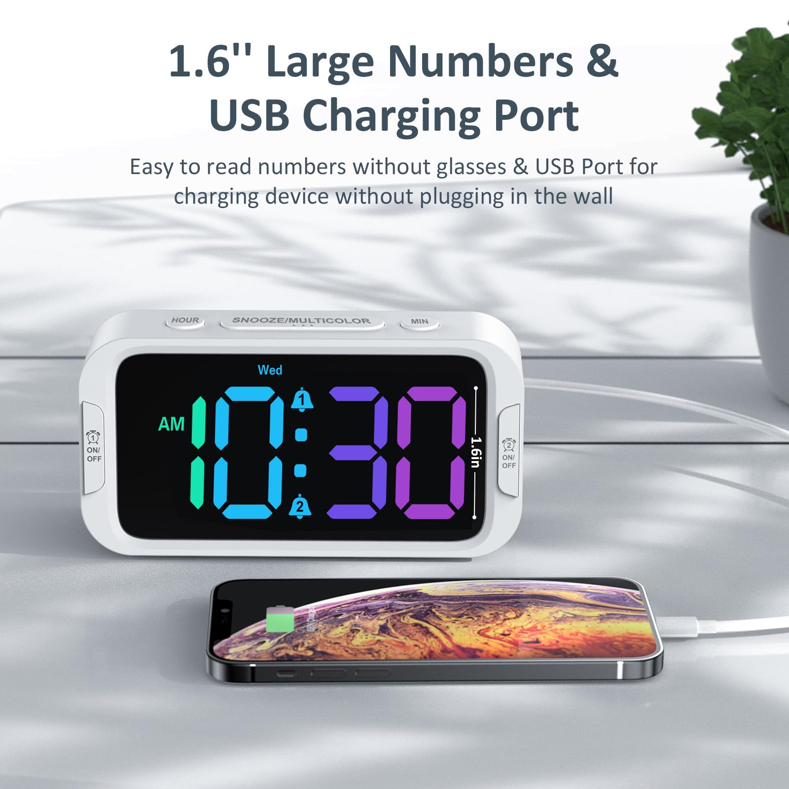 Odokee Digital Dual Alarm Clock for Bedroom, 0-100% Dimmer, Weekday/Weekend Mode, Easy to Set, USB Charger, Adjustable Alarm Volume with 5 Alarm Sounds, Snooze, 12/24Hr, Battery Backup (Wood Grain)