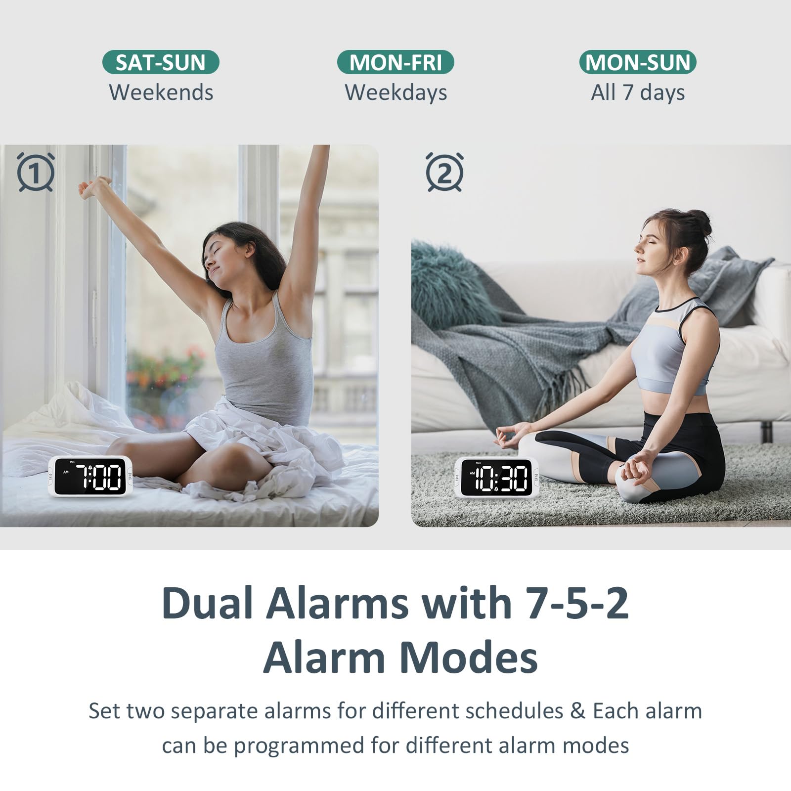 Odokee Digital Dual Alarm Clock for Bedroom, 0-100% Dimmer, Weekday/Weekend Mode, Easy to Set, USB Charger, Adjustable Alarm Volume with 5 Alarm Sounds, Snooze, 12/24Hr, Battery Backup (Wood Grain)