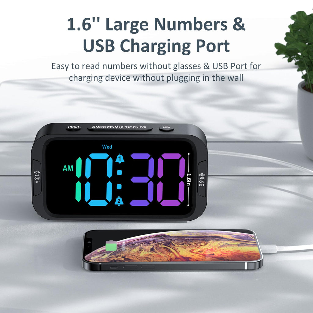 Odokee Digital Dual Alarm Clock for Bedroom, 0-100% Dimmer, Weekday/Weekend Mode, Easy to Set, USB Charger, Adjustable Alarm Volume with 5 Alarm Sounds, Snooze, 12/24Hr, Battery Backup (Wood Grain)