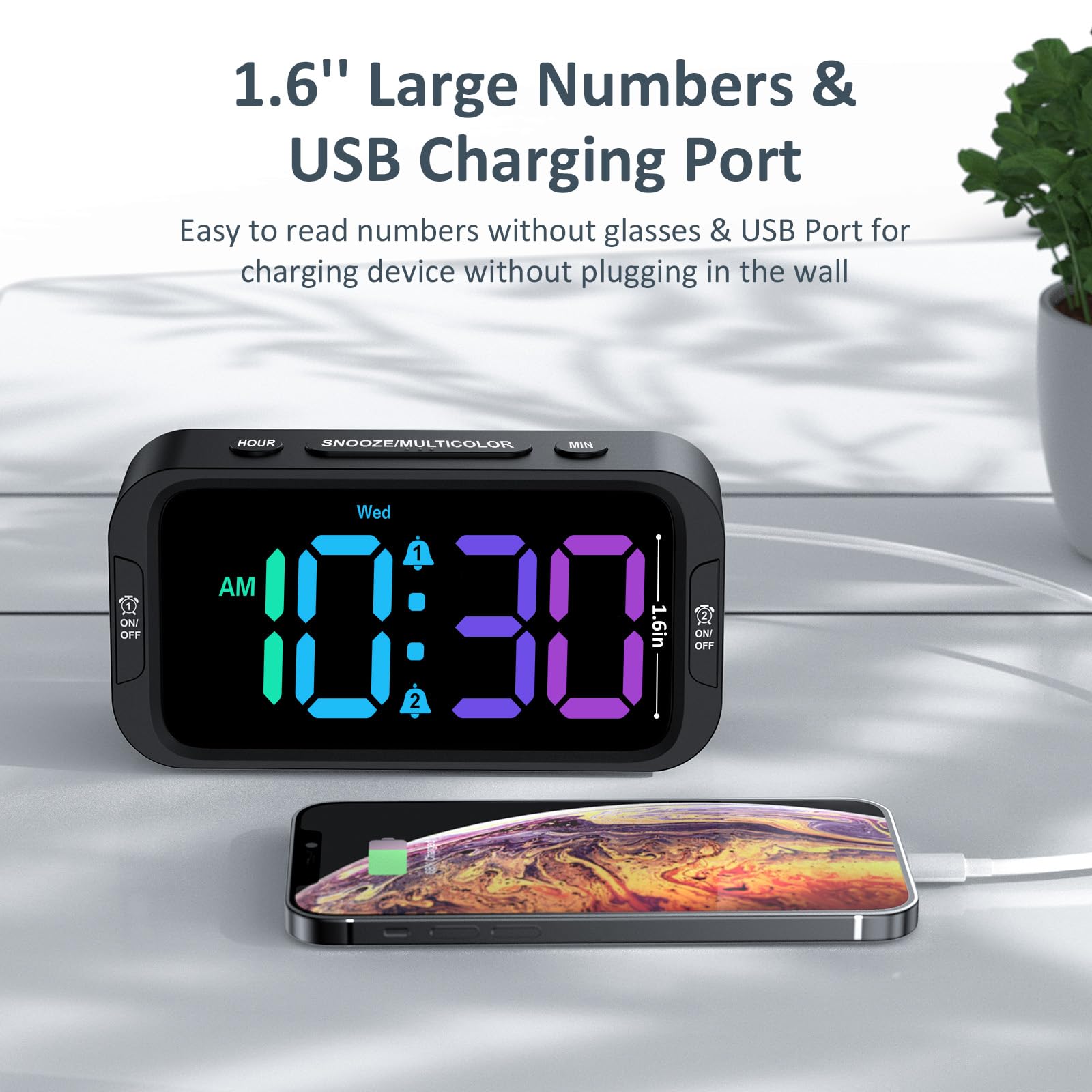 Odokee Digital Dual Alarm Clock for Bedroom, 0-100% Dimmer, Weekday/Weekend Mode, Easy to Set, USB Charger, Adjustable Alarm Volume with 5 Alarm Sounds, Snooze, 12/24Hr, Battery Backup (Wood Grain)