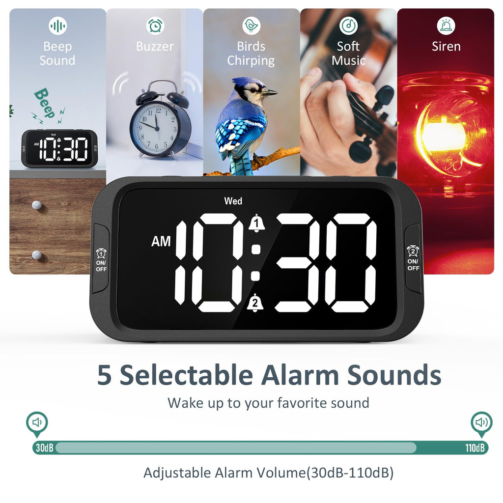 Odokee Digital Dual Alarm Clock for Bedroom, 0-100% Dimmer, Weekday/Weekend Mode, Easy to Set, USB Charger, Adjustable Alarm Volume with 5 Alarm Sounds, Snooze, 12/24Hr, Battery Backup (Wood Grain)