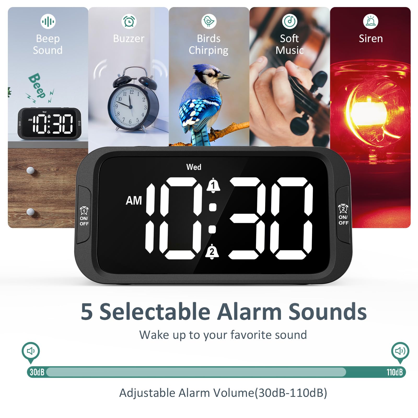 Odokee Digital Dual Alarm Clock for Bedroom, 0-100% Dimmer, Weekday/Weekend Mode, Easy to Set, USB Charger, Adjustable Alarm Volume with 5 Alarm Sounds, Snooze, 12/24Hr, Battery Backup (Wood Grain)