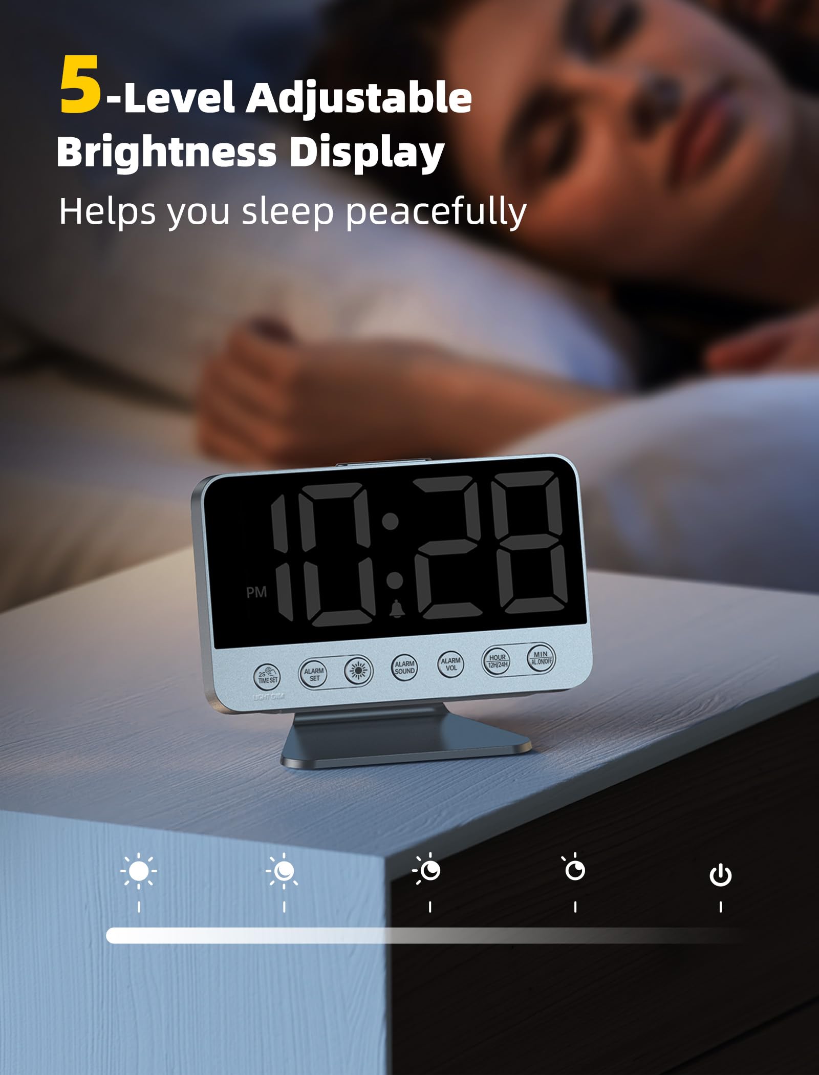 Odokee Digital Alarm Clocks for Bedrooms: Large Bold Number 5 Brightness Dimmer - Easy to Read Across The Room - 5 Alarm Sound 8 Night Light - Red