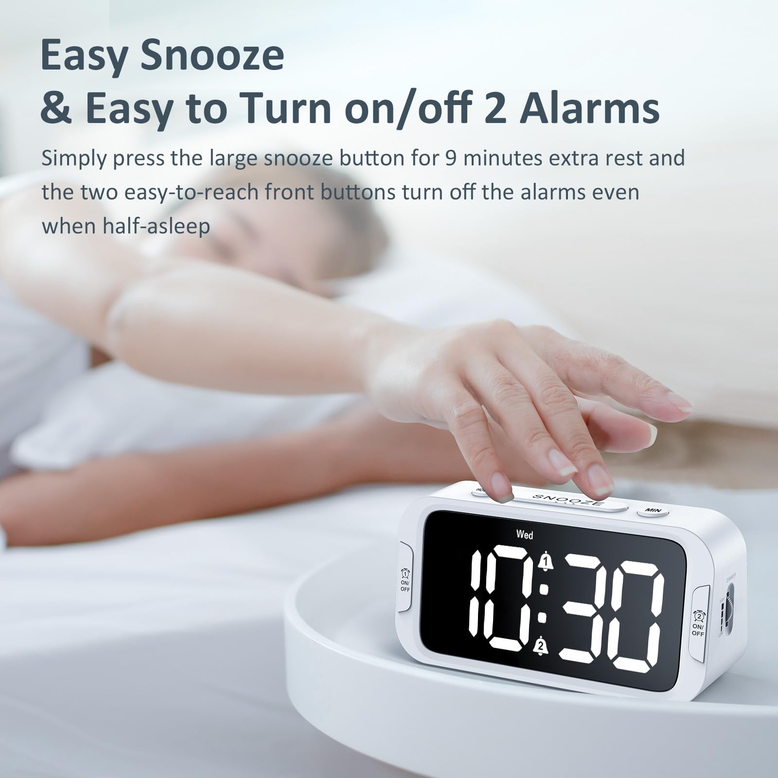 Odokee Digital Dual Alarm Clock for Bedroom, 0-100% Dimmer, Weekday/Weekend Mode, Easy to Set, USB Charger, Adjustable Alarm Volume with 5 Alarm Sounds, Snooze, 12/24Hr, Battery Backup (Wood Grain)