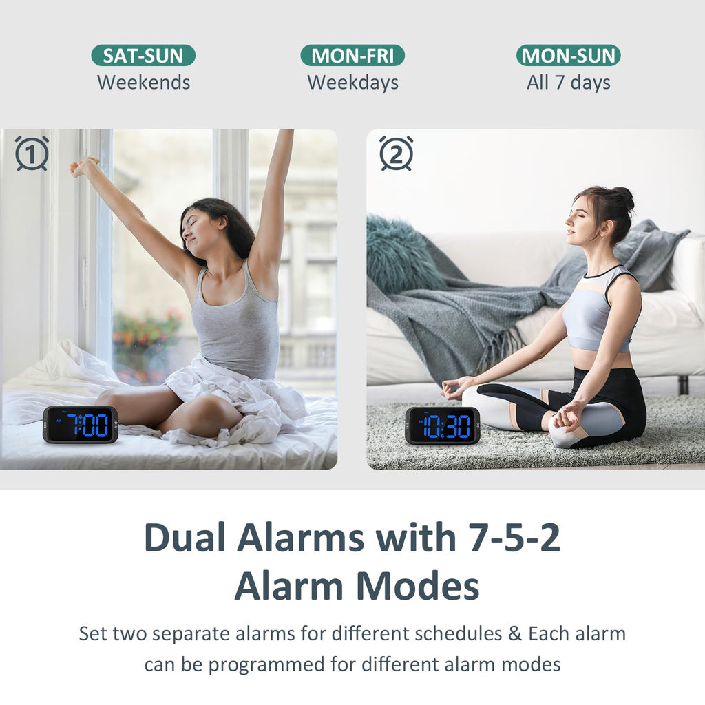 Odokee Digital Dual Alarm Clock for Bedroom, 0-100% Dimmer, Weekday/Weekend Mode, Easy to Set, USB Charger, Adjustable Alarm Volume with 5 Alarm Sounds, Snooze, 12/24Hr, Battery Backup (Wood Grain)