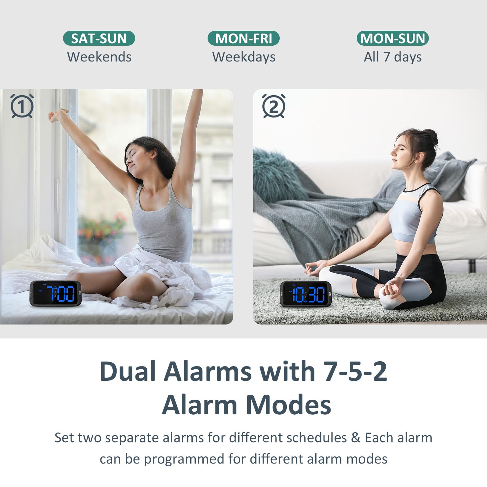Odokee Digital Dual Alarm Clock for Bedroom, 0-100% Dimmer, Weekday/Weekend Mode, Easy to Set, USB Charger, Adjustable Alarm Volume with 5 Alarm Sounds, Snooze, 12/24Hr, Battery Backup (Wood Grain)