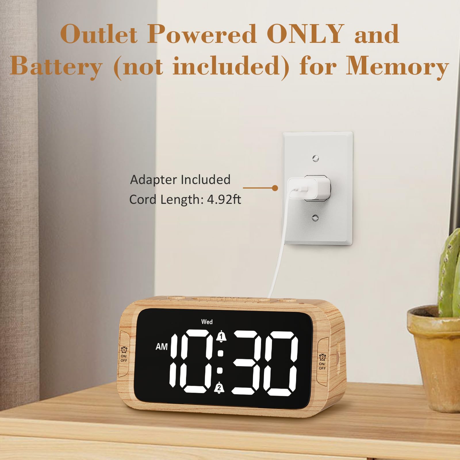 Odokee Digital Dual Alarm Clock for Bedroom, 0-100% Dimmer, Weekday/Weekend Mode, Easy to Set, USB Charger, Adjustable Alarm Volume with 5 Alarm Sounds, Snooze, 12/24Hr, Battery Backup (Wood Grain)