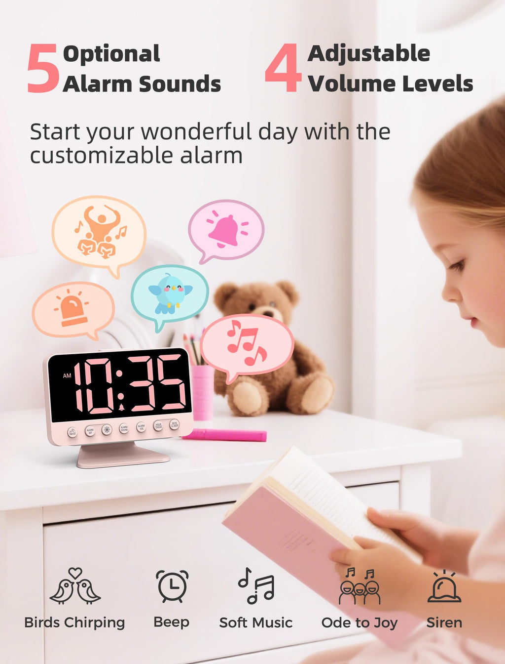 Odokee Digital Alarm Clocks for Bedrooms: Large Bold Number 5 Brightness Dimmer - Easy to Read Across The Room - 5 Alarm Sound 8 Night Light - Red