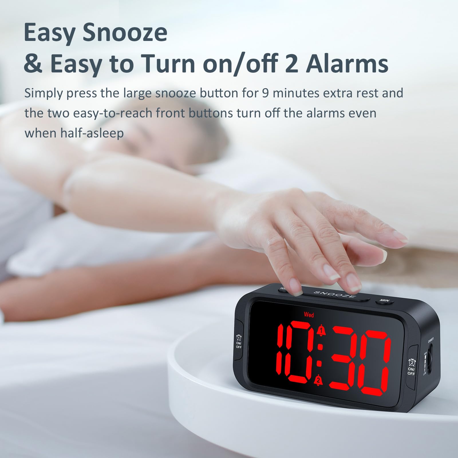 Odokee Digital Dual Alarm Clock for Bedroom, 0-100% Dimmer, Weekday/Weekend Mode, Easy to Set, USB Charger, Adjustable Alarm Volume with 5 Alarm Sounds, Snooze, 12/24Hr, Battery Backup (Wood Grain)