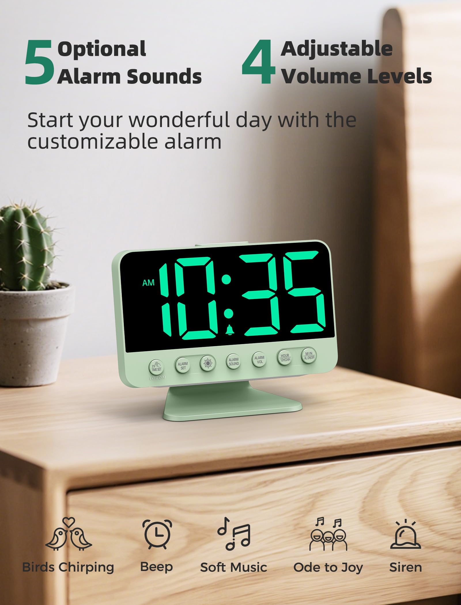 Odokee Digital Alarm Clocks for Bedrooms: Large Bold Number 5 Brightness Dimmer - Easy to Read Across The Room - 5 Alarm Sound 8 Night Light - Red