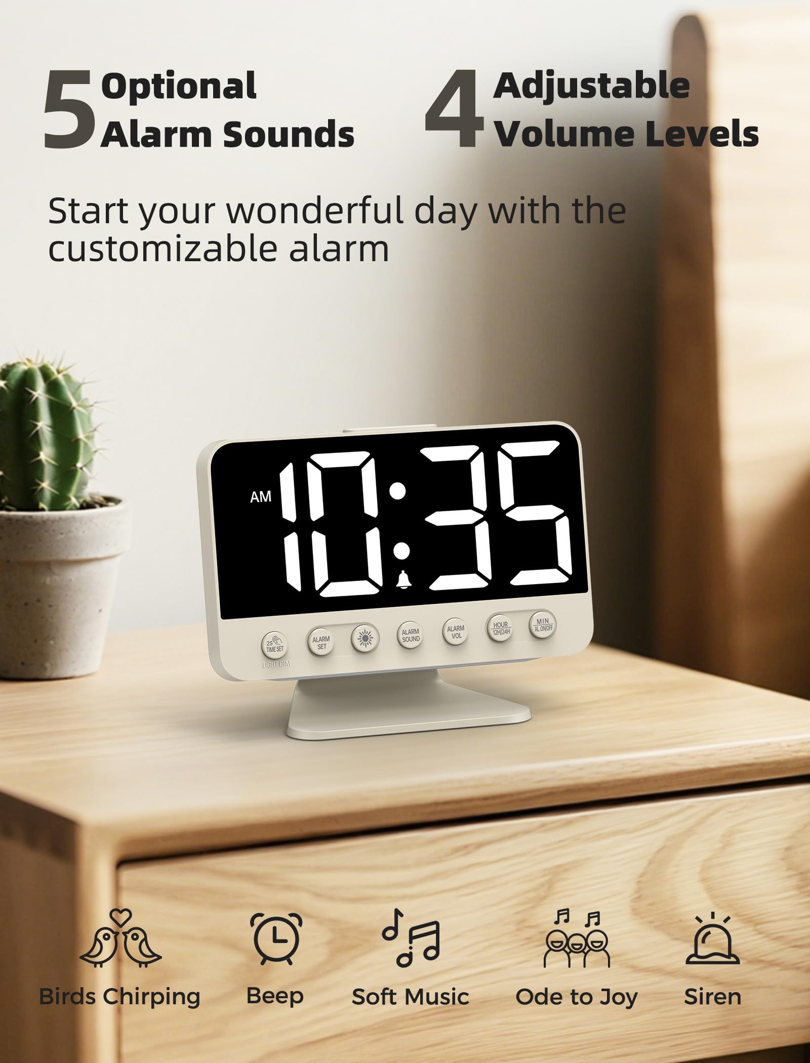 Odokee Digital Alarm Clocks for Bedrooms: Large Bold Number 5 Brightness Dimmer - Easy to Read Across The Room - 5 Alarm Sound 8 Night Light - Red