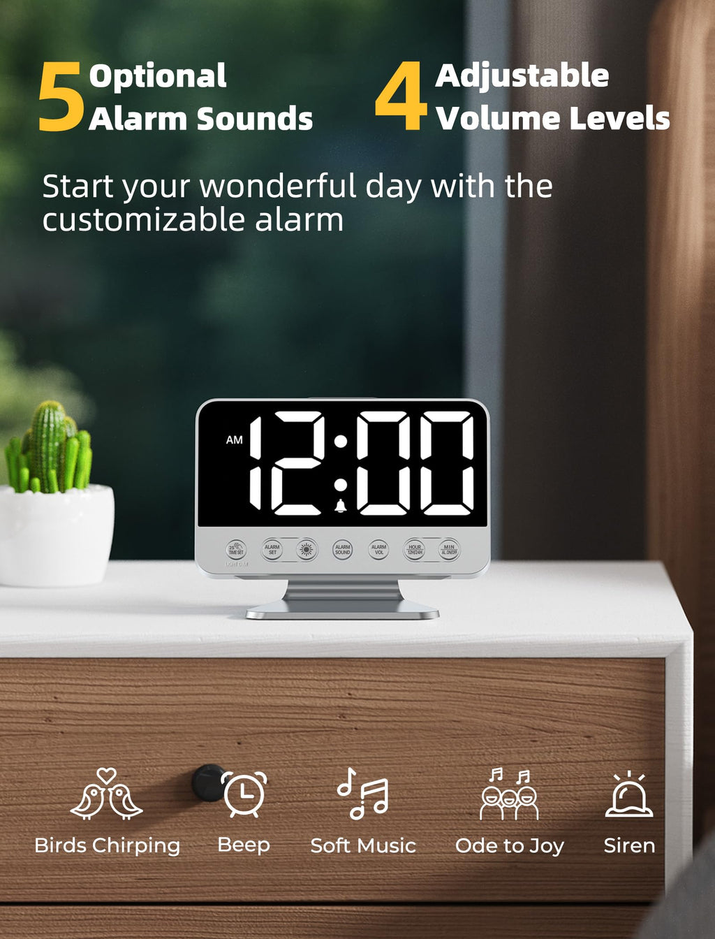 Odokee Digital Alarm Clocks for Bedrooms: Large Bold Number 5 Brightness Dimmer - Easy to Read Across The Room - 5 Alarm Sound 8 Night Light - Red
