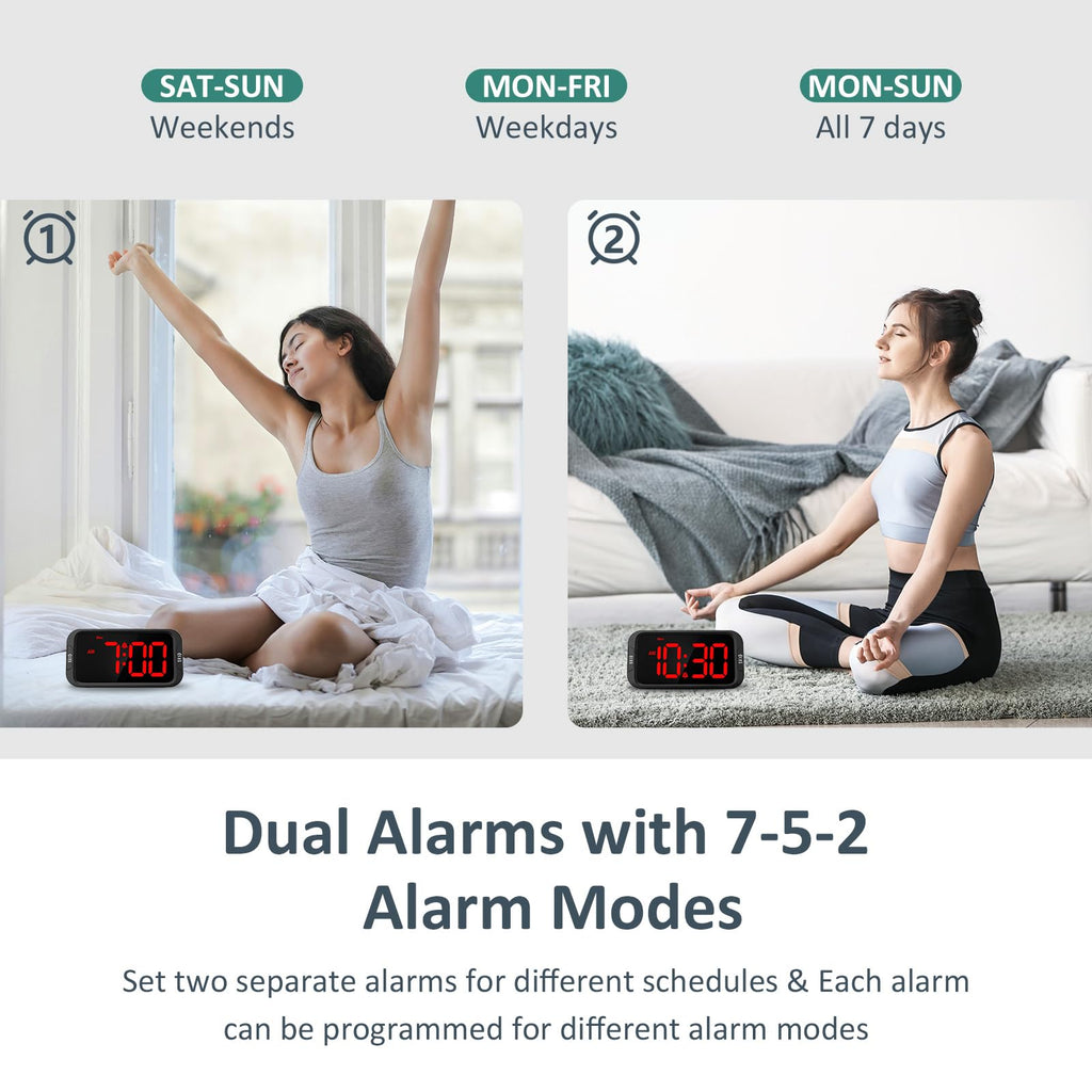 Odokee Digital Dual Alarm Clock for Bedroom, 0-100% Dimmer, Weekday/Weekend Mode, Easy to Set, USB Charger, Adjustable Alarm Volume with 5 Alarm Sounds, Snooze, 12/24Hr, Battery Backup (Wood Grain)