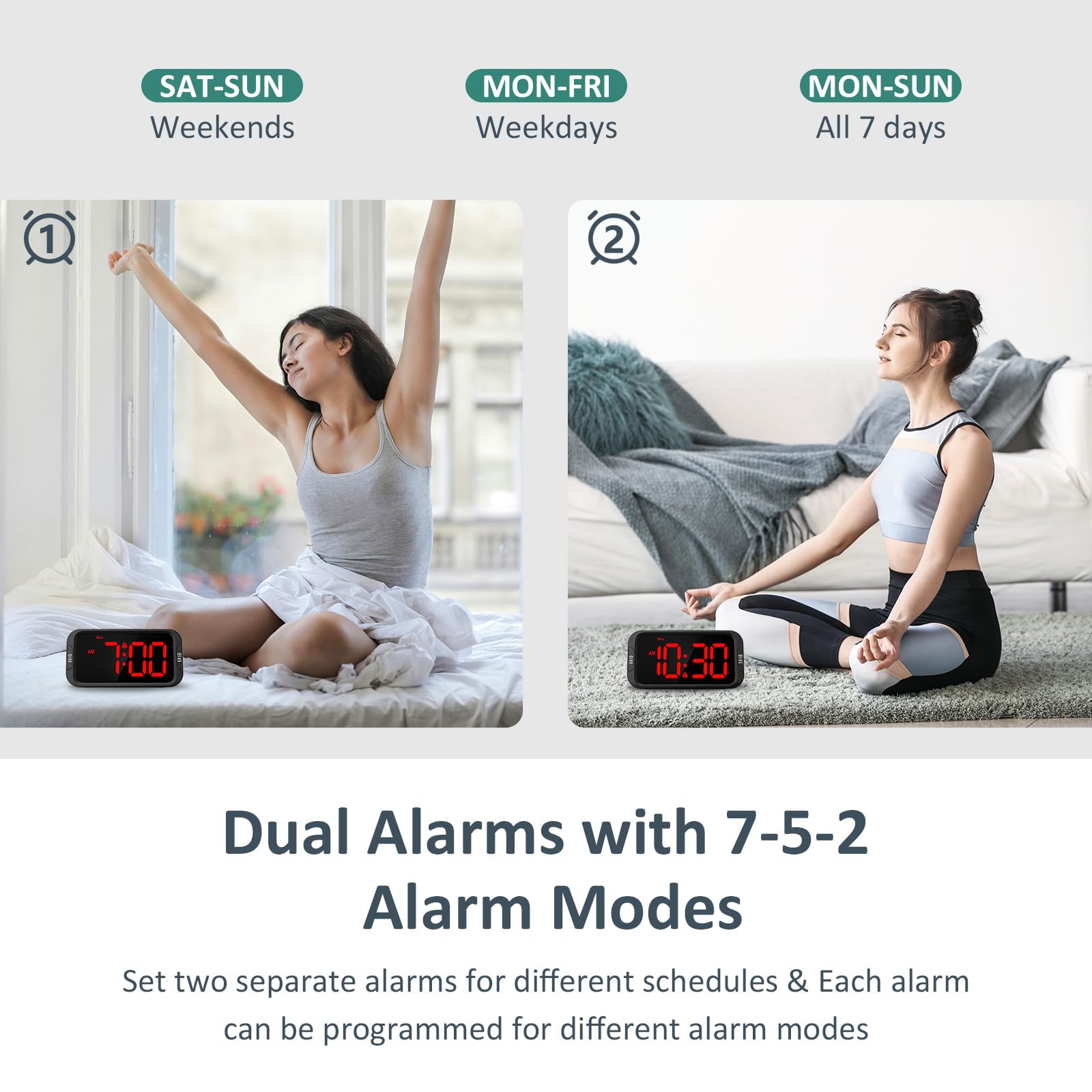 Odokee Digital Dual Alarm Clock for Bedroom, 0-100% Dimmer, Weekday/Weekend Mode, Easy to Set, USB Charger, Adjustable Alarm Volume with 5 Alarm Sounds, Snooze, 12/24Hr, Battery Backup (Wood Grain)