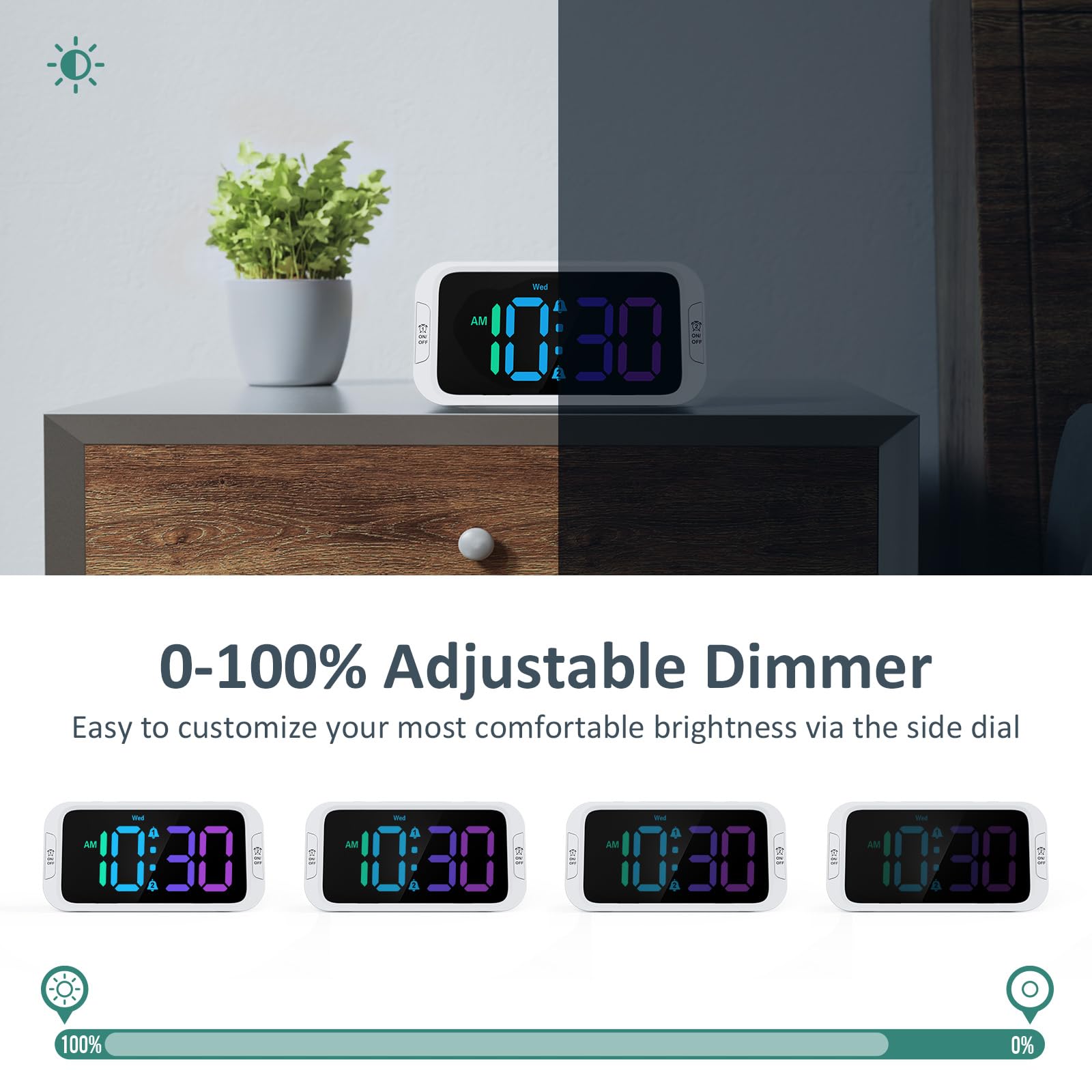 Odokee Digital Dual Alarm Clock for Bedroom, 0-100% Dimmer, Weekday/Weekend Mode, Easy to Set, USB Charger, Adjustable Alarm Volume with 5 Alarm Sounds, Snooze, 12/24Hr, Battery Backup (Wood Grain)