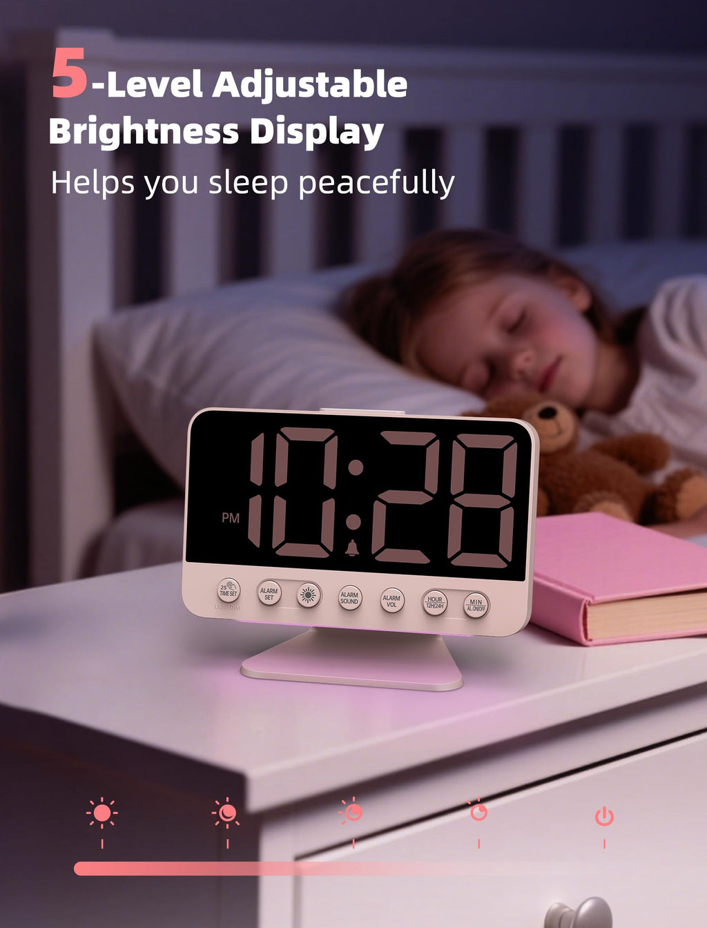 Odokee Digital Alarm Clocks for Bedrooms: Large Bold Number 5 Brightness Dimmer - Easy to Read Across The Room - 5 Alarm Sound 8 Night Light - Red